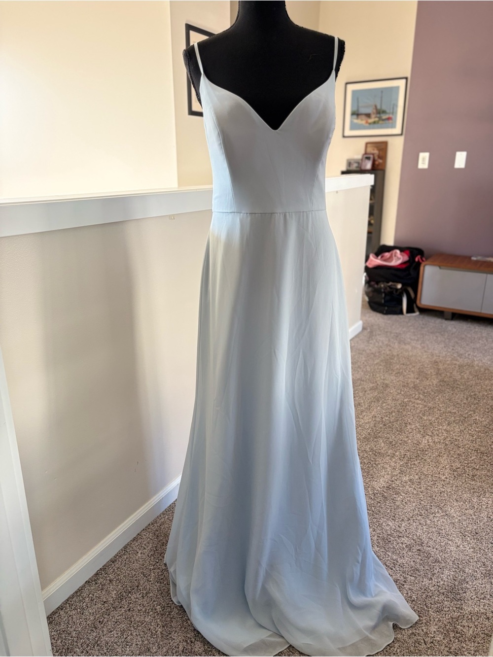 Hayley Paige Occasions NWT Powder Blue Spaghetti-Strap Maxi Bridesmaids Dress